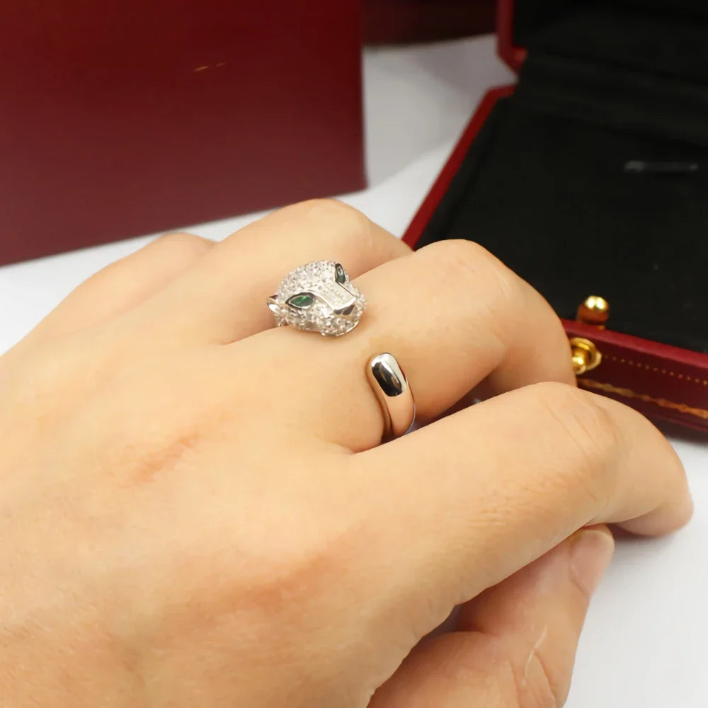 Luxury 925 Sterling Silver fine Crystal cute leopard head Rings for women fashion wedding Accessories Jewelry Christmas gifts
