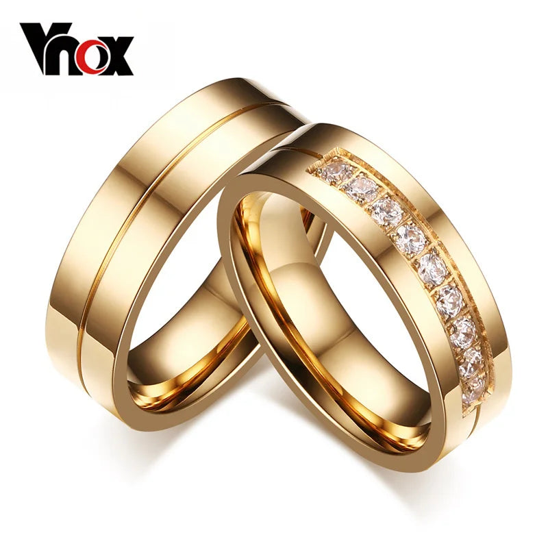 Vnox Trendy Wedding Bands Rings for Women / Men Love Gift Gold-color Stainless Steel CZ Promise Couple Jewelry