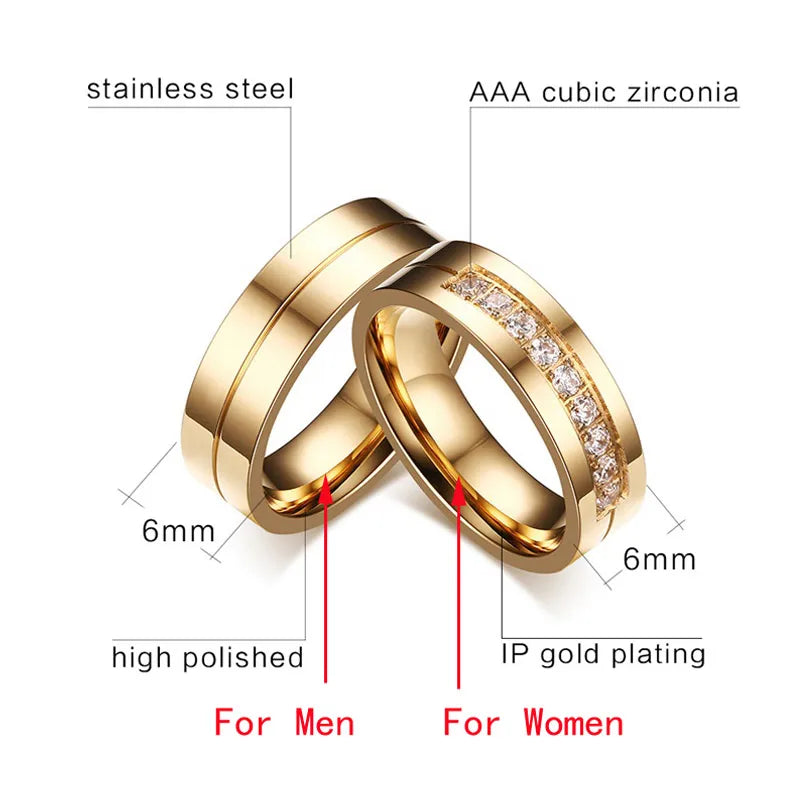 Vnox Trendy Wedding Bands Rings for Women / Men Love Gift Gold-color Stainless Steel CZ Promise Couple Jewelry