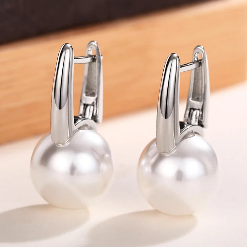 Huitan Simple Elegant Imitation Pearl Earrings for Women Metal Silver Color Fashion Versatile Lady's Ear Accessories New Jewelry