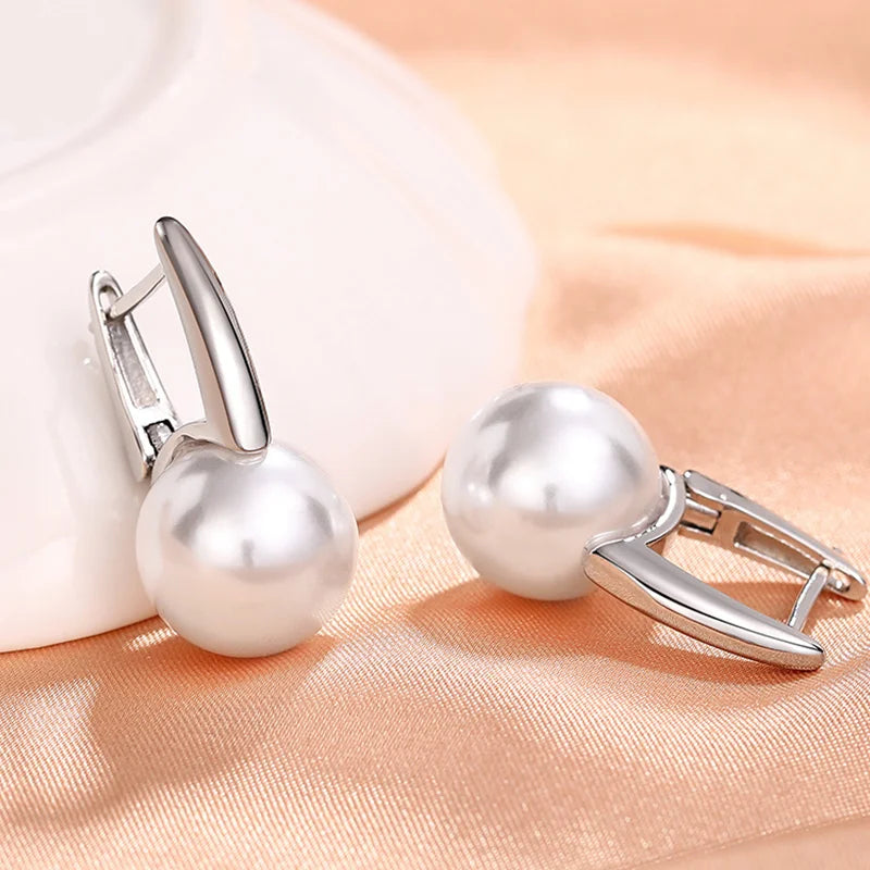 Huitan Simple Elegant Imitation Pearl Earrings for Women Metal Silver Color Fashion Versatile Lady's Ear Accessories New Jewelry