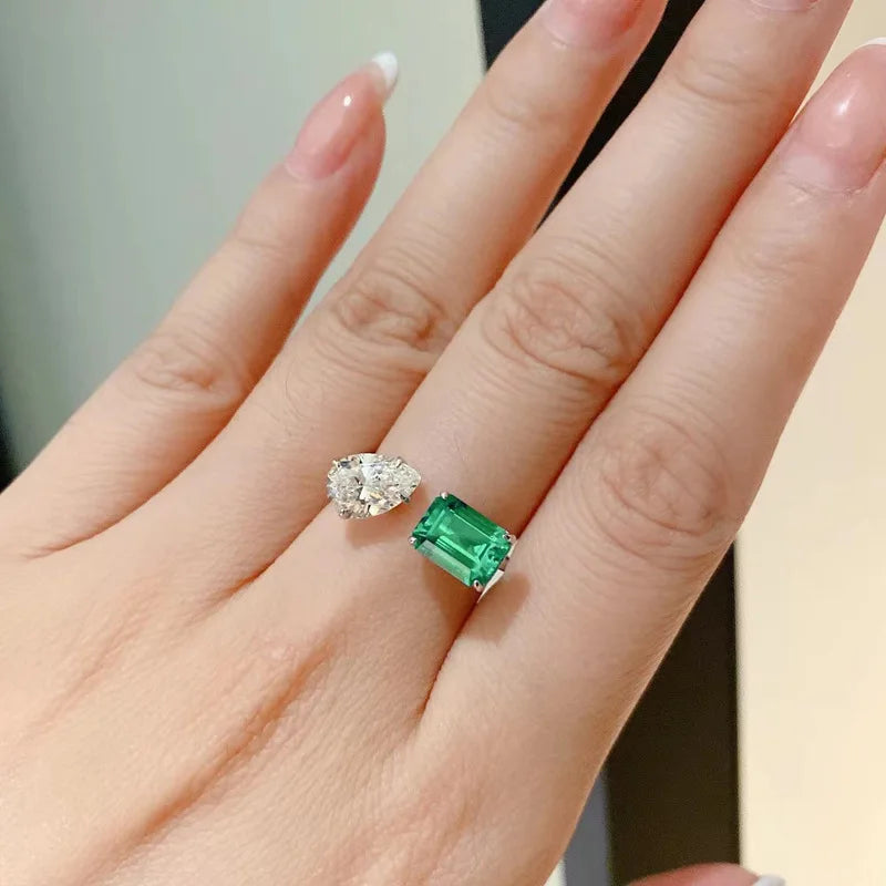 Huitan Luxury Trendy Green/White CZ Opening Rings for Women Temperament Female Finger Accessories Anniversary Party Jewelry New