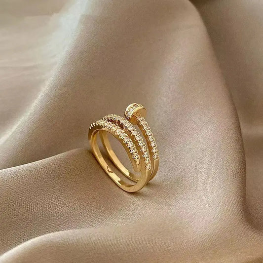 1pcs Gold-color Ring Ladies Fashion Style Multi Layer Copper With Zirconia Cold Wind Hand Jewelry