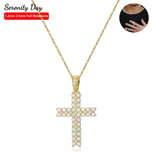 Serenity Day Real D Color 1.2mm 2.5mm Full Moissanite Cross Necklace for Women 100% S925 Sterling Silver Plate Pt950 Jesus Chain