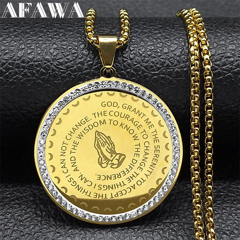 Bible Lords English Serenity Prayer Hand Pendant Necklace for Women Men Stainless Steel Blessing Chain Jewelry collares NZZZ500